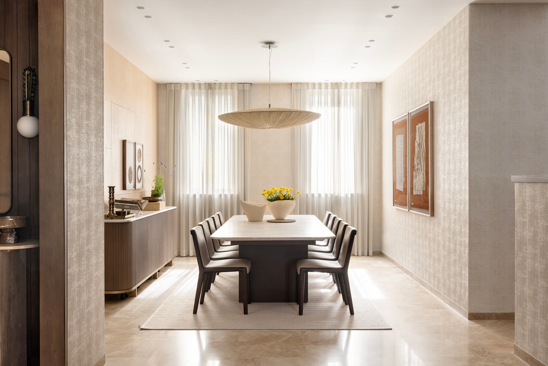 Serenity in Shaarei Chesed — dining room with woven pendant and Jerusalem stone